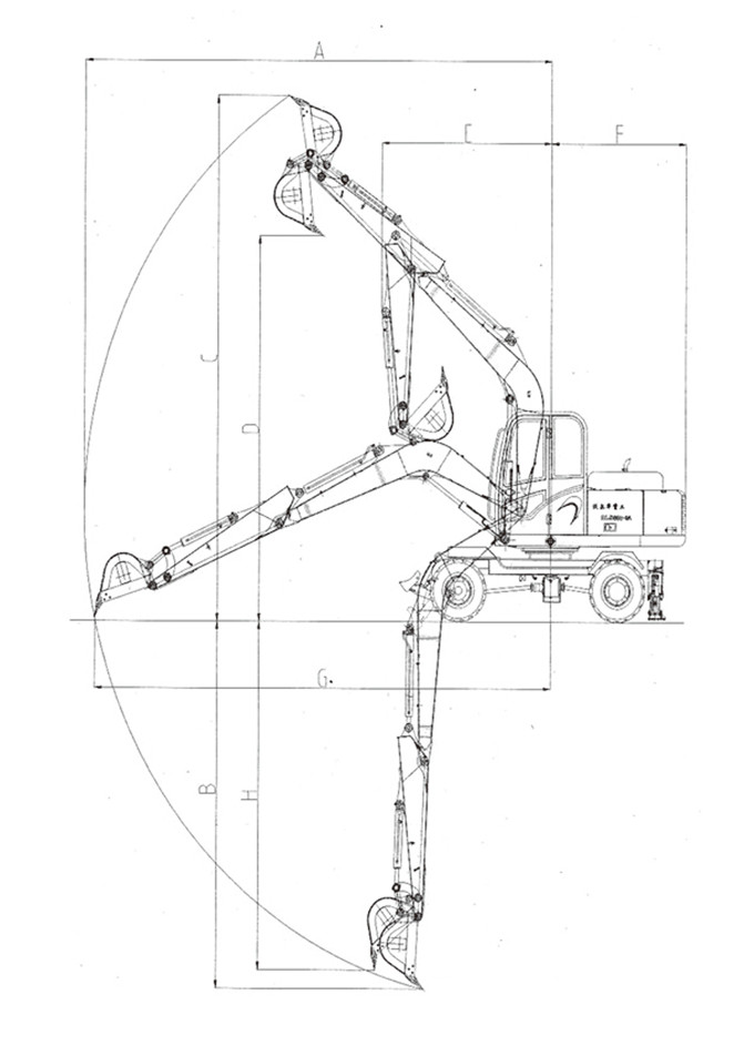 沃爾華DLS880-9A 7.2噸輪式液壓挖掘機工作范圍